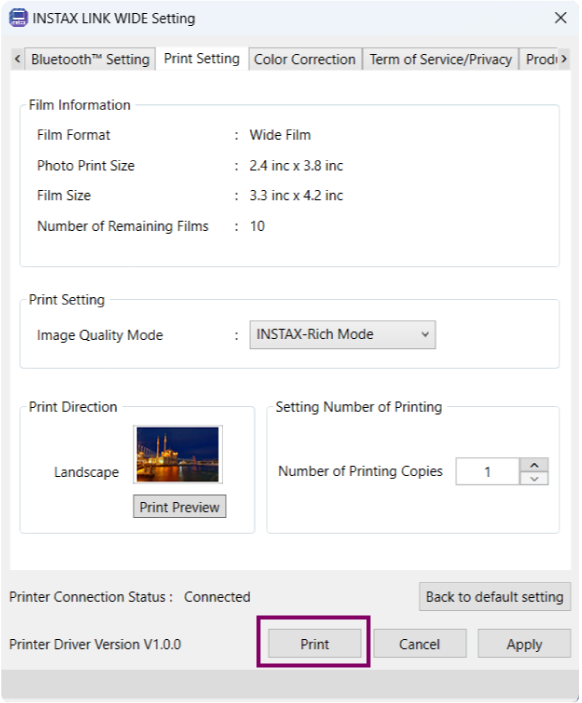 ⑥ Click “Print” in the dialog box to transfer image data to the printer.