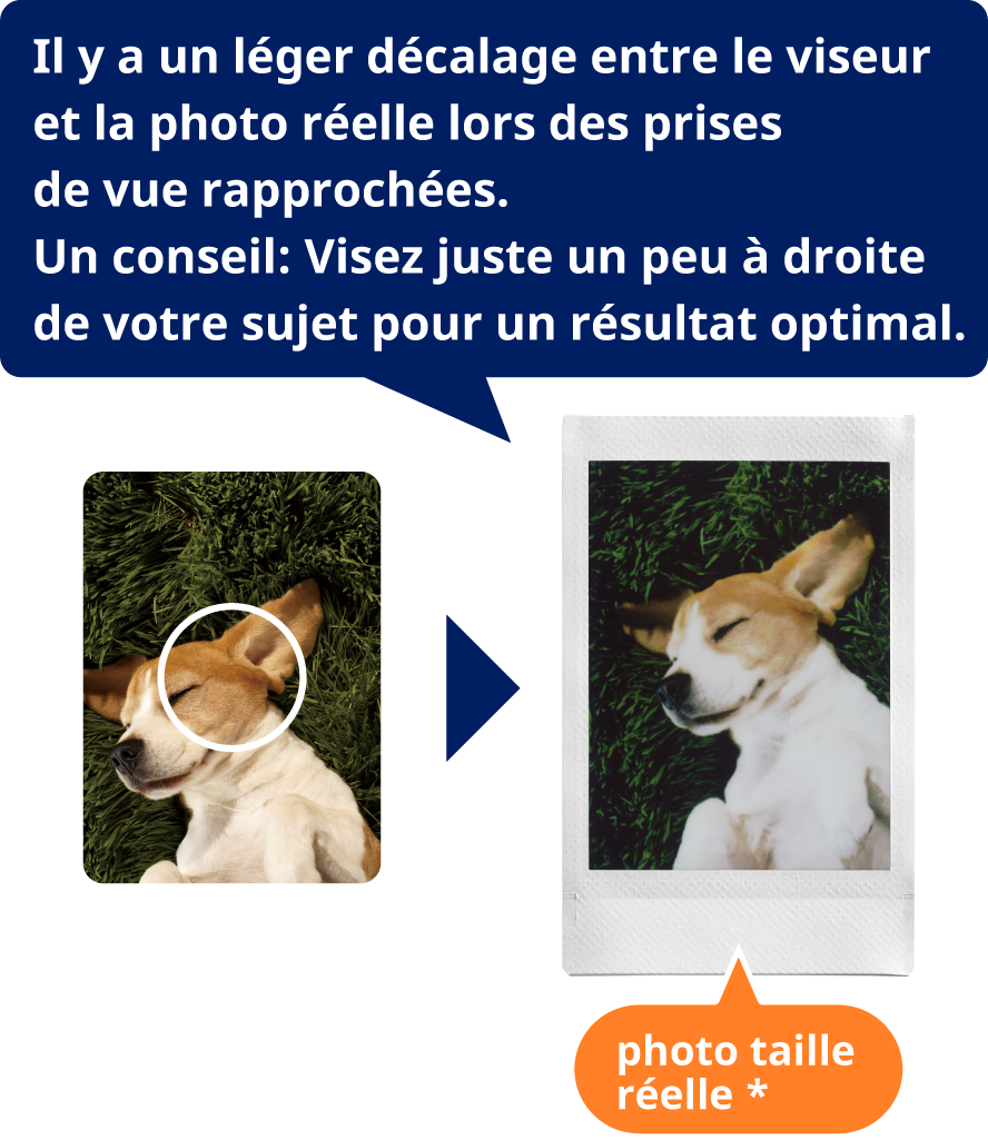 Il y a un léger décalage entre le viseur et la photo réelle lors des prises de vue rapprochées.Un conseil: Visez juste un peu à droite de votre sujet pour un résultat optimal.