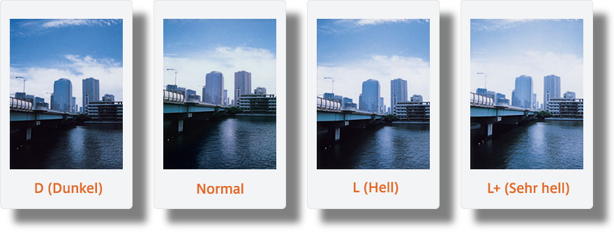 D (Dunkel)/Normal/L (Hell)/L+ (Sehr hell)
