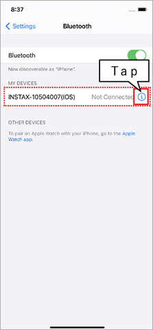 Tap the “i” icon for INSTAX-XXXXXXX on the Bluetooth settings screen.