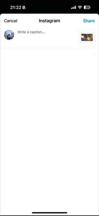 The INSTAGRAM posting screen is displayed. Paste the caption you copied in step 8, then tap “Share“.